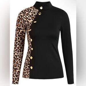 Leopard Print Long Sleeve Turtleneck Top Button Details Stylish Black Pullover